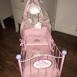 Beautiful set comes with cot, mattress, pillow, blanket, bumpers, musical lullaby cloud and crib curtains (all removable and all branded) 
Perfect gift