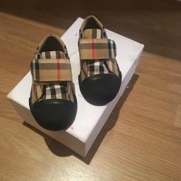Beautiful baby boys hard sole Burberry trainers/shoes 
Size 19 UK 9-12 months but I personally think there bigger fitting.
Perfect condition worn for a couple of hours at a wedding.
The box isn’t in the best condition as seen in photo.
Paid £140 last year. 
Pick up only Blacon