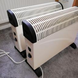 Stay warm this year with a 2kw convector heater. The heaters heat is instant and is fully adjustable. The heater comes with 3 adjustable heating options giving you full control.

Easily cleaned and maintained with easy carry handles
Power coated white mesh safety guard
Sleek modern economical design
In full working order - no instructions supplied
Two for sale. Must be sold together.