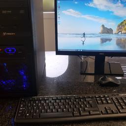 Gaming pc
Led full hd Monitor
Logitech wireless keyboard and mouse
Intel i5 processor 2.6 3.2 turbo
12gb ram 8gb is brand new patriot viper x2 4gb
Evga GeForce GTX 950sc 2gb
500gb hdd
600gb hdd
Windows 10 pro genuine key purchased from amazon.
Plays fortnite on high settings at  45-60fps 100+ fps on medium
I played most games on medium with this