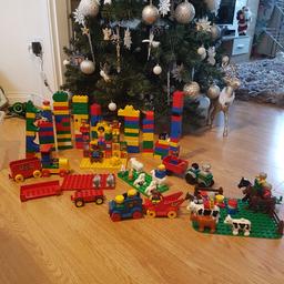 Lego Duplo 
Over 100 bricks 
16 animals
16 people 
4 Lego mats 
Tractor  
cars etc. 
all in good use condition 
Hours of play