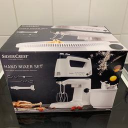 NEW!! SilverCrest Hand Mixer Set 300W
German Quality!. Condition is New.

RRP £35 got another one from Xmas present, hence on sale

- With stand and hand blender function
- Removable bowl automatically rotates
- Splash guard lid with feed opening
- 5 speeds plus turbo boost button
- Hand mixer can also be used without stand
- Hand blender function with turbo pulse function
- 2x beaters and dough hooks made from stainless steel
- 1x blender attachment with stainless steel
- 1x plastic dough scrap