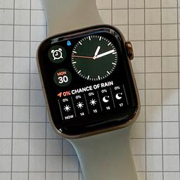 Selling my much loved and well looked after Apple Watch.

- Series 4 Gold Stainless Steel, Cellular + GPS
- Out of Apple Warranty
- No box, No charger
- In VERY GOOD condition
- Will UNLINK Apple ID before sale
- 3 extra straps (Original Apple Leather loop + 2 third party straps as shown in pic)

Thanks for looking.