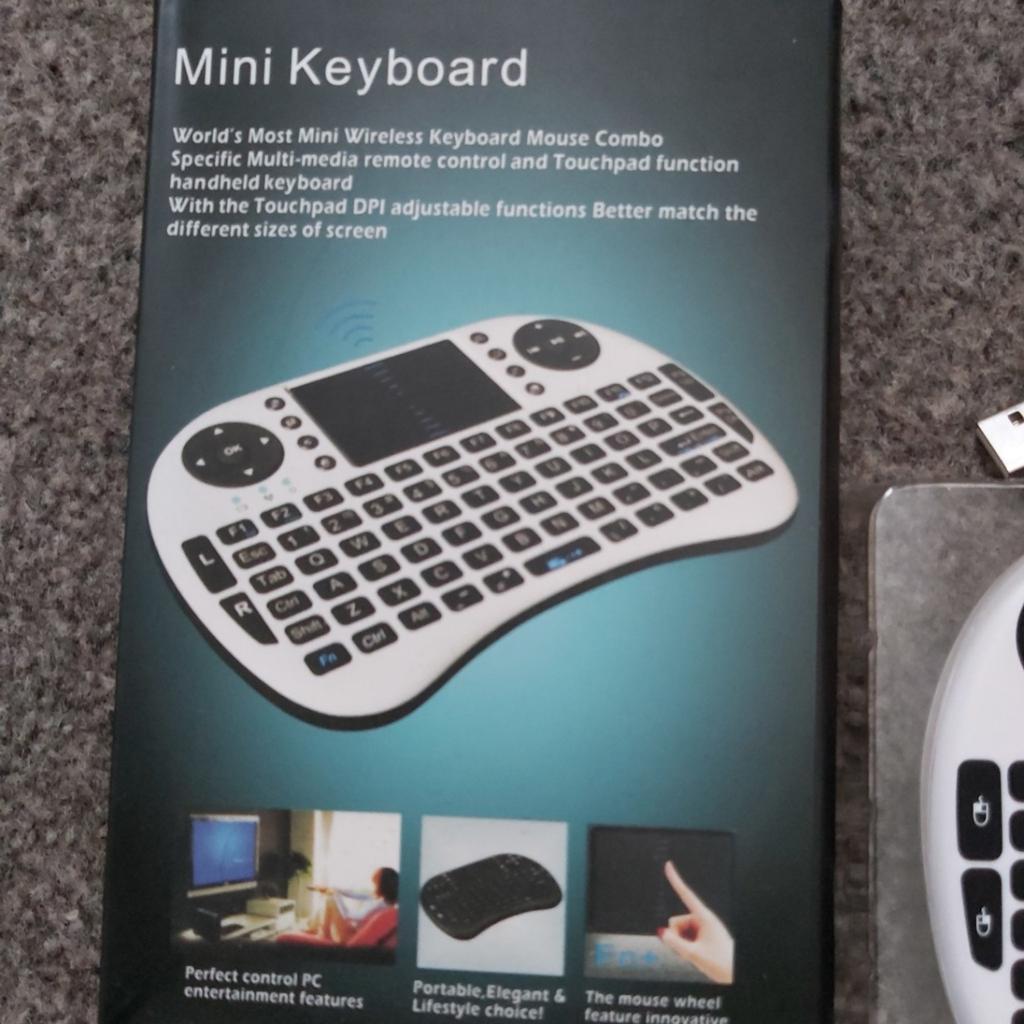Brand New Boxed
Azerty keys A-Z
Use with Android TV Boxes, Smart TVs PC etc
All in one Mini Wireless Keyboard Mouse Touchpad Bluetooth
Control any Android TV Box,
Smart TV, or PC
Rechargeable Battery
Bluetooth Adapter