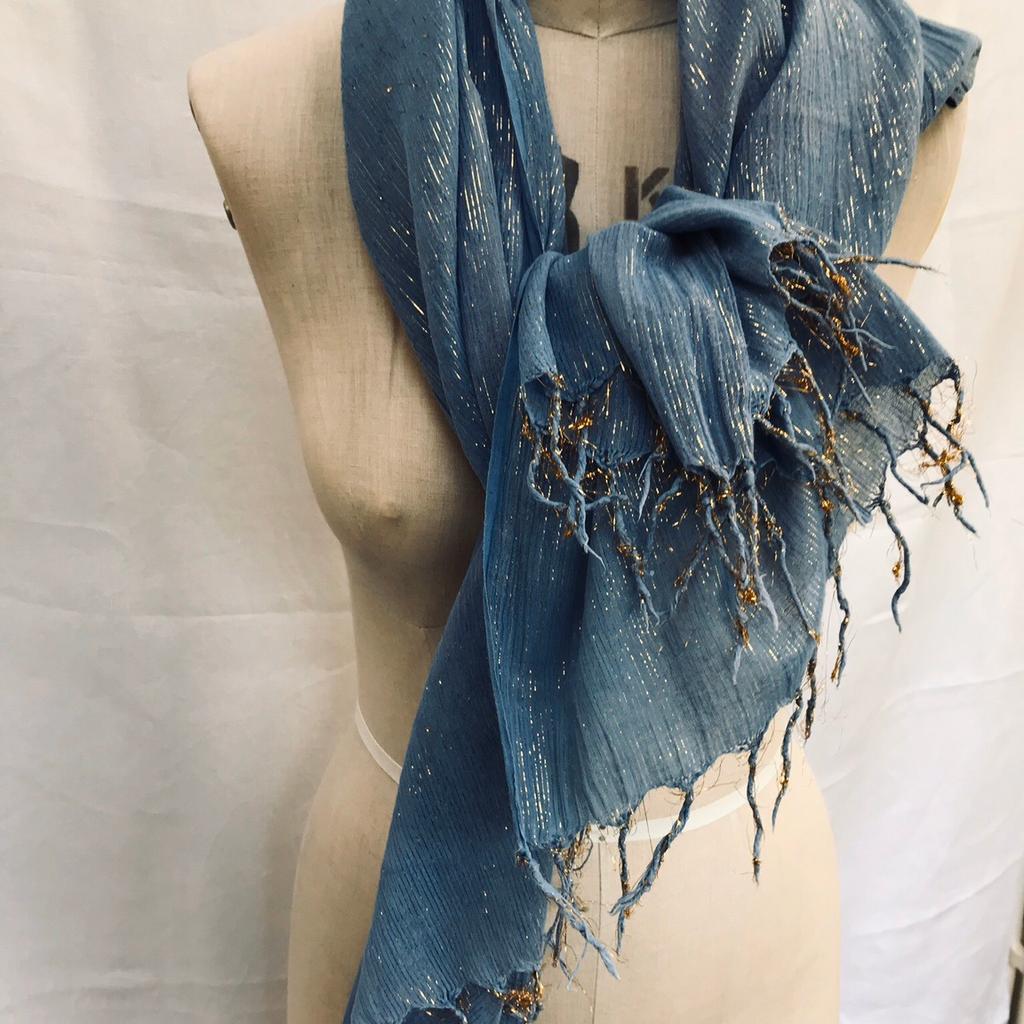 Blue with gold thread cotton scarf could be worn as a beach wrap