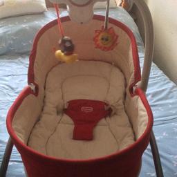 Tiny love rocker which vibrates and has a detachable overhead toy which lights up, sings and plays tunes. Converts into a seat and has a harness in for first stage. From smoke free home.