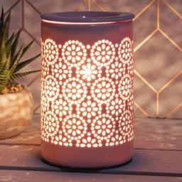 Comes with 3 bags of our triple strength wax melts in any choice of scent.
Classy Ceramic Electric Melt Burner with Gorgeous Cutout Patterns, Finished In a Beautiful Blush Pink / Navy  Colour