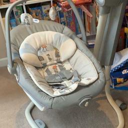 Used and in very good condition!

Brought at £120.

The Serina is a 2 in 1 Rocker and Bouncer, simply lift the swing seat off of the frame to use it as a rocker seat. The wheels and integrated handle make it a breeze to move from room to room.

Multiple recline positions mean that your baby will be comfortable from birth all the way up to 9kg, and they can happily rock away in two different directions: front to back or side to side.