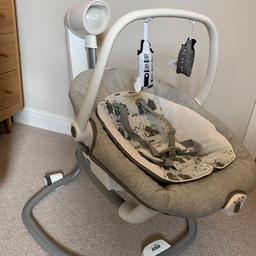 Joie 2 in 1 swing rocker used a handful of times so like new. Box included so can be repackaged. RRP £149.99.

Swings either back and forth or side to side with 3 recline settings on the seat. Seat also detached to be used as a separate rocker and has its own vibrate setting to soothe babies. The stand also plays white noise and a selection of lullabies and has a built in light.