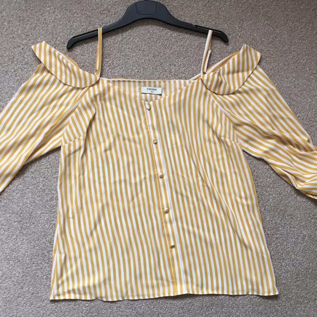 Brand new yellow striped cold shoulder top. Open to offers