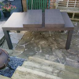 Barker and Stonehouse dining table. Seats between 10-12 but also can be used as standard 4 seater.
Quality is evident in weight of table.
Leaves strap under the table and table slides apart for leaves to slip in.

Length - 170cm and 2 x leaves at 45cm wide therefore table can be 170cm, 215cm or 260cm
Height - 74cm to table top, 64cm to skirt
Width - 95cm

Condition: Generally good. There are a couple of minor knocks which can be seen in pictures.

Seperates down to fit in car or van