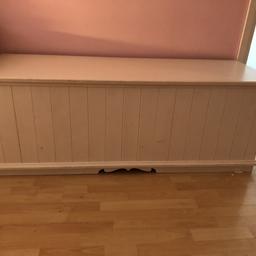This was hand made to a high standard, it was used in my daughters bedroom it fit all her toys and doubled up as a seat/bench with cushions on. 
It has some marks so you could re paint it. It will be perfect for hiding toys or for extra storage such as a under the stairs shoe box. 
This is quite large Measuring w150cm x d50cm