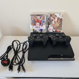 Selling this Ps3 Slim console. Like new mint condition. Full working order (see pictures)

Includes:
FIFA 10 (Game)
Street Fighter 4 (Game)
2 x wireless controllers (one which is dual shock).
Can post First class delivery or buyer can collect.
Will accept offers.
**NOTE TV IS NOT FOR SALE**