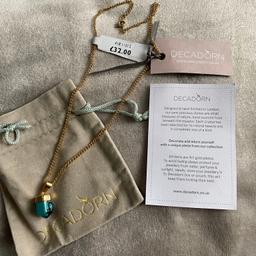 DECADORN Necklace Pendant NEW with all packaging nice velvet pouch and TO/FROM card with description on back. 9 Carat gold plated. turquoise stone nicely shaped on a gold chain. £32 original price. Tags all still attached.
