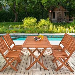 5 Piece set includes 4 chairs and a table
Table (LxWxH): 120 x 70 x 74cm; Chair (LxWxH): 57.5 x 51 x 92 cm Wooden dining furniture set for garden, terrace, balcony Oiled acacia hardwood for a long durability. 

Features:
✅ Made of acacia and pre-oiled, a tropical exotic weather resistant wood
✅ Curved armrests and high backrest provide additional comfort
✅ When folded up table and chairs can be space-savingly stowed away
✅ Ideal for Terrace, Balcony, Garden
✅ Following the instructions step by