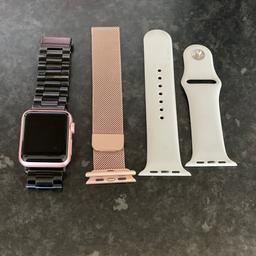 Apple Watch- rose gold comes with 3 straps and charger. Unfortunately I don’t have the box anymore. Perfect condition no scratches or marks.