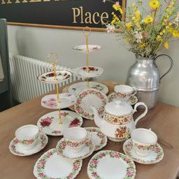 Vintage English China tea set four trio's, two cake stands and teapot