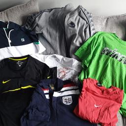 From Nike, Penguin, Kappa, Fila, Peter Storm, Adidas to Prince, all tennis, football and ski wear. All medium tee shirts, polos, ski under garments, swim shorts, tennis shorts, some retro, some modern day, all worn but great condition. 4 tee's, 2 polos (slight mark and pull on the fila polo, nothin major), 1 trackie top, 1 ski top, 7 pairs of shorts. Would prefer to sell as job lot, perfect for car boot pro's and ebay sales pro's....... gotta be worth £35 of anybody's money.....