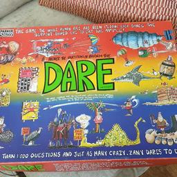 Board Game DARE, Another game been stored in loft for 15/20years +years,
There is 1piece missing but the game itself has not been played, I expect you could replace missing piece with a colour (guessing yellow)object if needed.box a bit tatty, inside unused.
