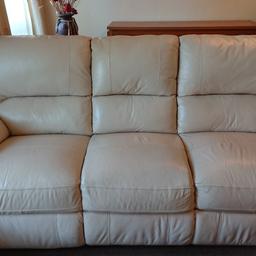 Cream Leather 3 piece suite
3 seat sofa - 216 cm wide
2 x armchair - 110 cm wide
One armchair is worn as picture, other armchair and sofa have a few marks/ scuffs and are in a fair, used condition
Collection only