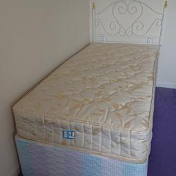 Single storage divan bed with mattress and white metal headboard
Collection only