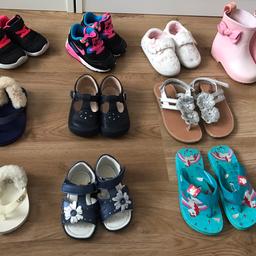 White UGG sandals - Baby size UK 1/2 - £10
Navy UGG sandals - Baby size UK 4/5 - £10
Nike pink velcro - Baby size UK 3.5 - £10
Nike Air Max -  - Baby size UK 4.5 - £15
Navy Start rite T-shoes - Baby size UK 4.5 - £12
Navy Primigi leather T-sandals - Baby size UK 3/3.5 
- £15
White winter Slippers - Baby size UK 4/5 - £2
Silver sandals - Girls size UK 9 - £4
Gren/blue flip flops - Baby size UK 8/9 - £4
Pink rain boots (wider feet) - Baby size UK 6 - £5.
Pet and smoke free home. Great condition.