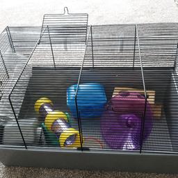 2 hamster cages plus toys plus houses plus water bottles and dishes. Can be used as one cage or two connected with a tube. I had a hamster who got bored so he had 1 as a sleeping/eating and the other as a playroom.
pick up only thanku 