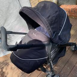 Silver Cross 2-1 pram and stroller.

Comes with carrycot, head hugger, rain cover and cosy toes. Moves from carrycot for newborn (parent facing), then into a world facing stroller. Fully reclining, adjustable foot rest with bumper bar. Cosy toes is cover for carrycot and stroller.

Colour is black, with brown/purple coloured velvet trimmings.

Collection only Esh Winning.