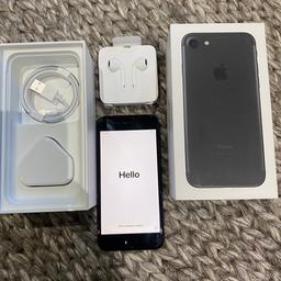 iPhone 7, black 32GB.
IN ORIGINAL BOX! Including BRAND NEW never used charging cable and brand new lightening headphones ALL in original packaging.
Immaculate condition as always been in a case so no scratches on the phone. Small crack in top left as pictured but doesn’t affect the use of the phone.