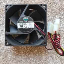 This is for 2 x Cooler Master A8025-21CB-4BN-PI PC Fan 0.12A 12V 80mm molex.
These are fron my old computer.
Condition is Used.
I have 2 available.
Dispatched with Royal Mail 2nd Class.