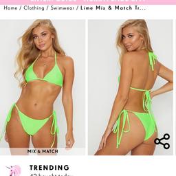 Colour: neon green 
Brand: pretty little thing 
Size: Uk 6 ( would fit 4-8 )
Condition: brand new with tags 
Brought for £5
Selling for £3.50 
Postage £4