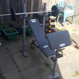 DOMYOS multi bench 
Bench is practically brand new and hardly been used! 
Very good quality and sturdy - perfect for home workouts.
Includes:
- Incline and decline settings 
- Preacher curl pad
- 2 x10kg york branded  weight plates 
- Barbell : approximately 10kg/15kg
- Also including a free sit up bench 

please reasonable offers only and no time wasters this is a very good buy!
ONO