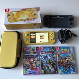Here we have for sale, A 2019 Nintendo Switch Lite > with Box. It’s practically brand new as it’s only been used twice then returned to the box. It comes with three games. 1)Mariokart Deluxe 8. 2)The Nintendo Movie Video-game 3)Crash Team Racing > Nitro Fueled. Also included is a Protective sleeve and a hard case in matching yellow.