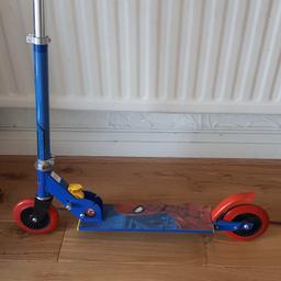 Brand new scooter. Took out of box but my son never took to it. Perfect for the school run, family walks or just for zooming around the park, It has easy grip handles and adjustable handlebar height. You can fold it down for easy storage when not in use. 2 wheels. Anti-slip footplate. Rear footbrake. Size H 77.5cm, W 67cm. Weight 2.8kg. Maximum user weight: 50kg.
