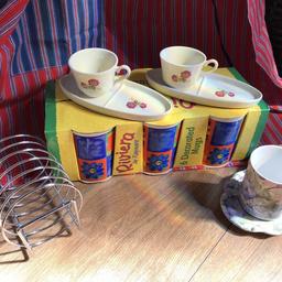6 Mugs, aprons, cups with plates- all good condition