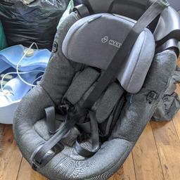 3 years old, good used condition. For children 6 months to 4 years. 

Used condition, my daughter picked off the safety label on the cover but if it's a problem new covers can be purchased from Maxi Cosi.