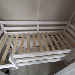 White wooden cabin bed
Mid sleeper
With slide and ladders
Could do with some TLC / fresh lick of paint will have it looking good as new

*this is a shorty bed and not full sized single*

For approx upto age 10 years
You can take the mattress if you like however its slightly too long for the bed as i ordered the wrong one! But it's never caused us any problems, squeezes in!