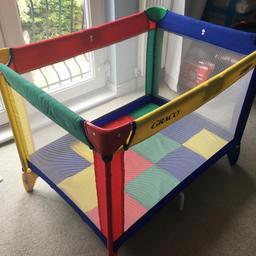Standard size baby / toddler Graco travel cot in used condition. Some marks and stains to the mat and sides as per photos which is reflected in the price. Strong and sturdy and in good functioning condition. Safe collection