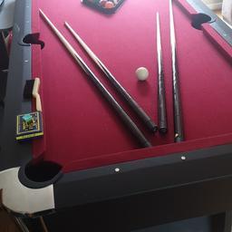 6ft 3ft pool table in good condition.  comes with loads cues different sizes,  brush , chalk, full set balls ,triangle.  can be used indoors & outdoors,  comes with waterproof cover. always been used indoors from a smoke & pet free home