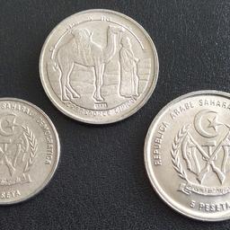 3 rare to find Arab Sahrawi Pesetas from Western Sahara or Spanish Sahara.

1 peseta - 1992
2 pesetas - 1992
5 pesetas - 1992

No exchanges and no refund.