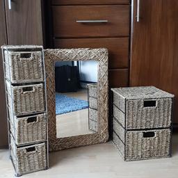 Set of bathroom wicker storage unit for sale. along with mirror to match.
Good condition, can be painted in different colour  to match your bathroom. 

**collection only**