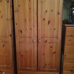 2 x Pine double wardrobes with 2 drawers at the bottom.
One has a shelf and rail and the other has just a rail.

Scratches and scuffs due to wear and tear.

Buyer must collect and will need 2 men to carry them out, as they are very heavy and of good solid structure.
They can't be dismantled but the doors and drawers do come out.

£60 for both.

Cash on collection From BL2 2QJ
