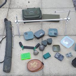 job lot of bait tubs hook cases rod rest pole cups a bag and a carp bait alarm holder or something. not sure what it is. just found in a house clearance. the holder is missing a connector one side but I'm sure this can fixed easy enough collection only from long eaton just off junction 25 of the m1.