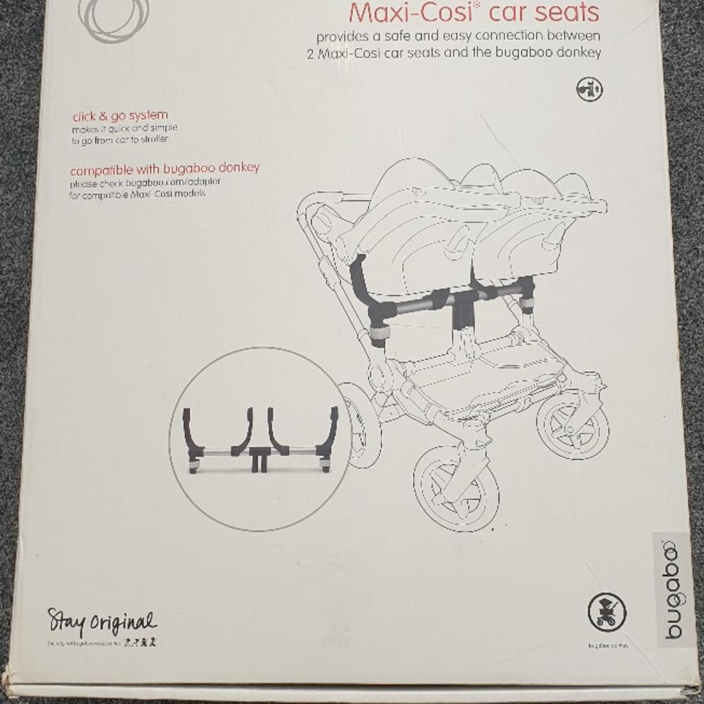 Provides a safe and easy connection between 2 Maxi-Cosi car seats and the Bugaboo Donkey.

Great Condition hardly been used.