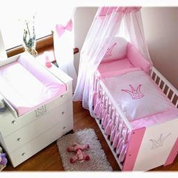 * Outer dimensions of the baby changing table: Height: 81 cm x Width 80 cm x Depth 48 cm 

*Dimensions with tray: Height 88 cm x Width 80 cm x Depth Changing 74 cm

Included:

* 1x Baby Changing Table with changing pad, and with 3 large drawers

* 1x Kids Bed in the size 120 x 60 cm Includes slatted frame 

* 1x Pillow with pillow cover: 100% Cotton 

* 1x Double Duvet Cover and duvet/quilt cover 100% cotton 

* 1x Cot Bumper with: headgear 100% cotton 

* 1x mattress includes (2) flat sheet 10