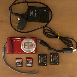 A red Panasonic LUMIX digital camera, model DMC-TZ30 with GPS.
Comes with 2 battery packs, 2 memory cards each with 4GB of space, charging pack and USB connection lead.
I’m good condition
Collection only North London