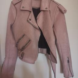 Faux Suede jacket in size small from zara. Very soft. There is a mark on collar which I haven't tried to get out yet so is likely to be removed--no clue what it is sorry.