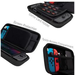 Features & details
Designed to make your new Nintendo Switch Console even more portable & travel friendly
Fits the Nintendo Switch tablet with both its Joy-Con controllers attached to it, and the upper section features a separate inner pocket which can fit extra JoyCons, Cables, Games, and other smaller but essential accessories. (Please note this cannot accommodate larger items like the dock or pro-controllers)
Hard EVA shell keeps your device protected while the soft inner material keeps your