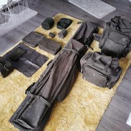 Nash luggage 30 years rucksack apache 3 rod holdall rucksack buzz bar bag splash mat gas canister pouch lead and bits bag message for more info
All marks just mud ect from on the bank all will be wipes down for sale