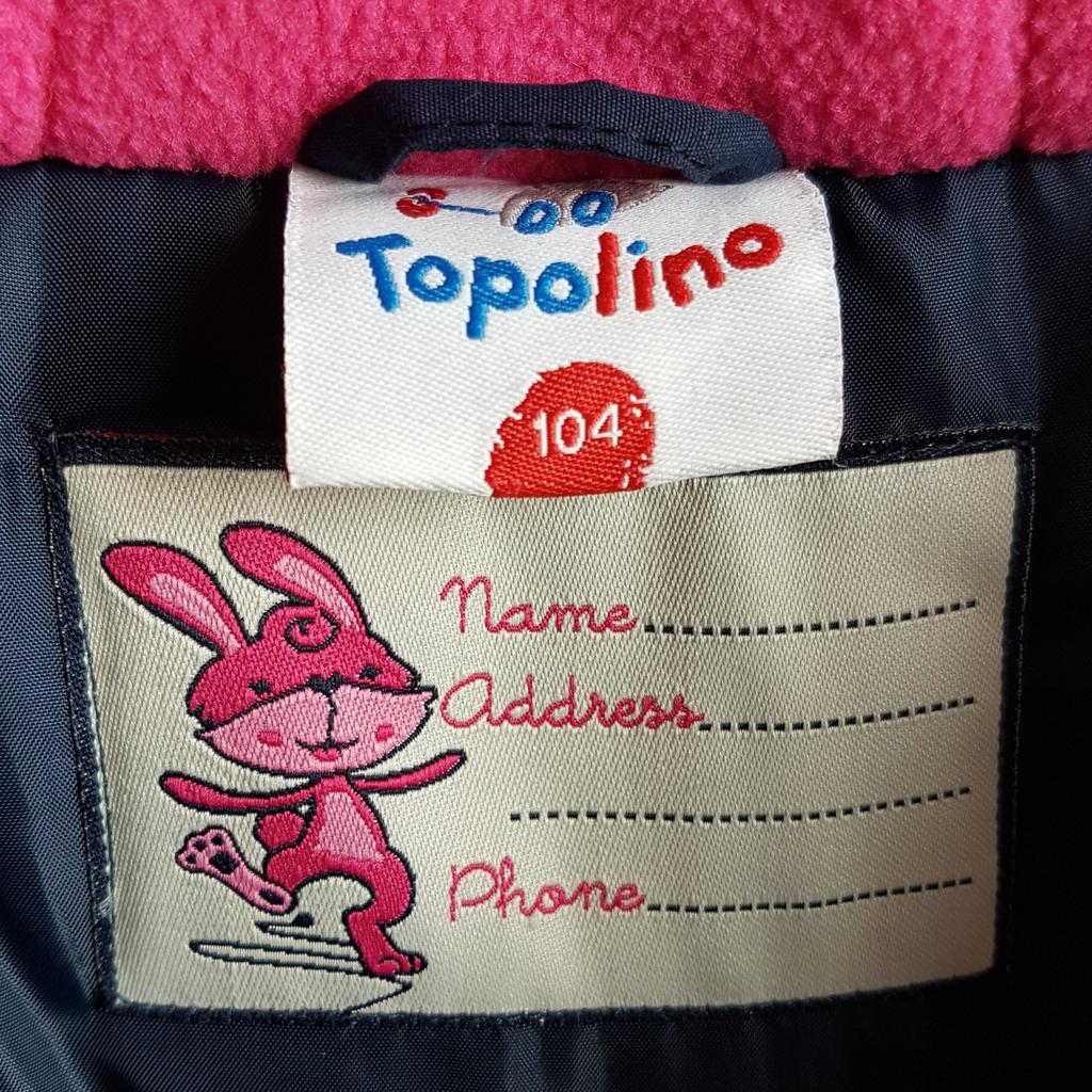 Verkaufe:

Topolino Winterjacke für Mädchen

- Marke: Topolino
- Gr. 104

Günstiger Versand innerhalb Österreich/Deutschland möglich, sonst Selbstabholung in Salzburg-Stadt. Dies ist ein Privatverkauf unter Ausschluß von Garantie, Gewährleistung und Rückgaberecht.